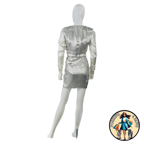 Redemption for FWRD Long Sleeve Metallic Deep V Party Dress in Silver Size XS - Picture 11 of 16